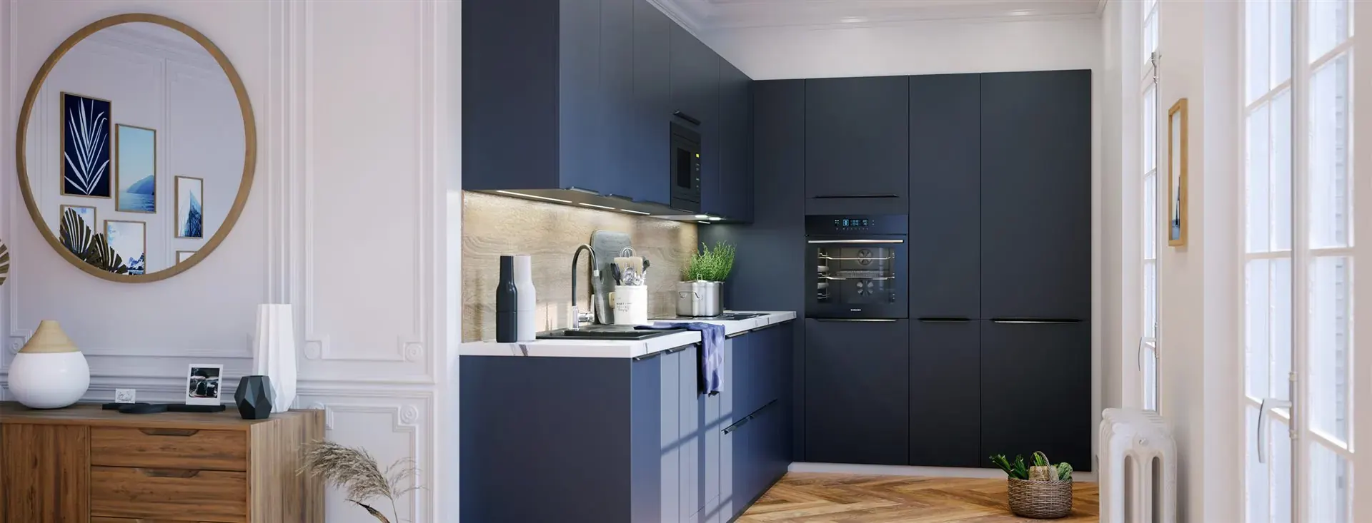 Cuisine rétro Citadine bleu marine et marbre blanc