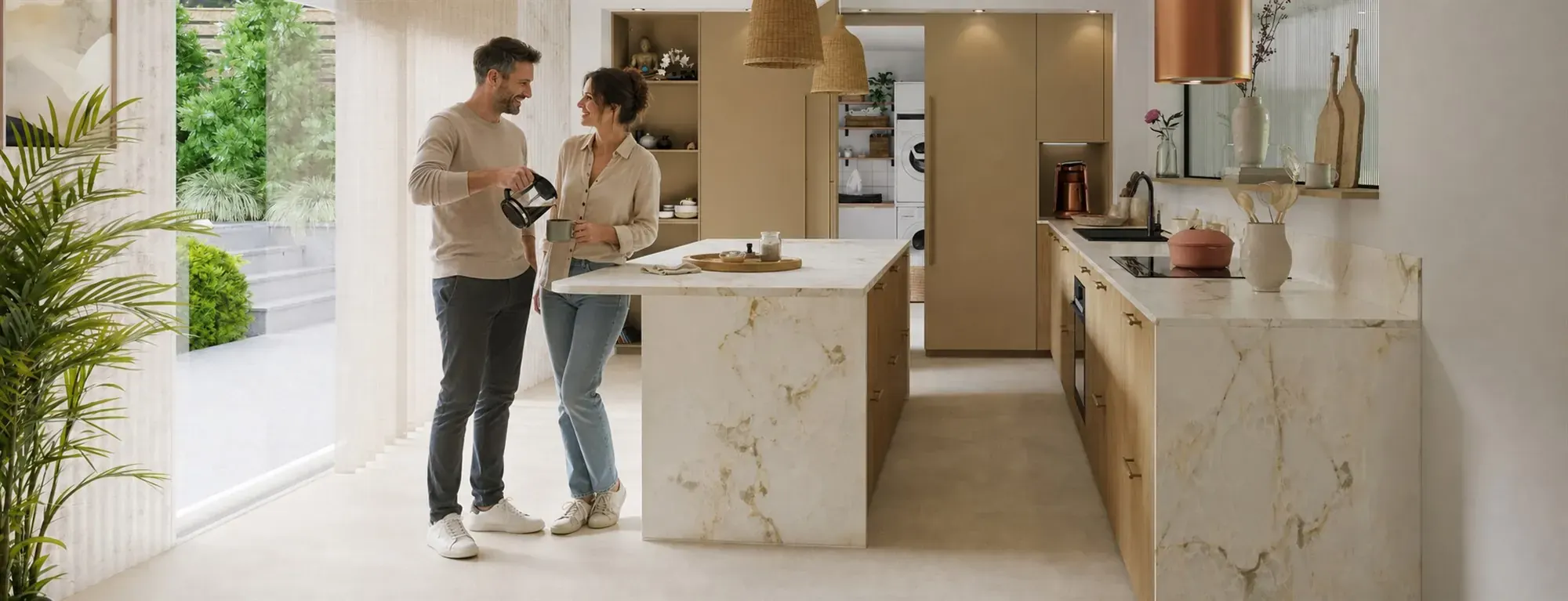 Un couple partage un café dans sa nouvelle cuisine