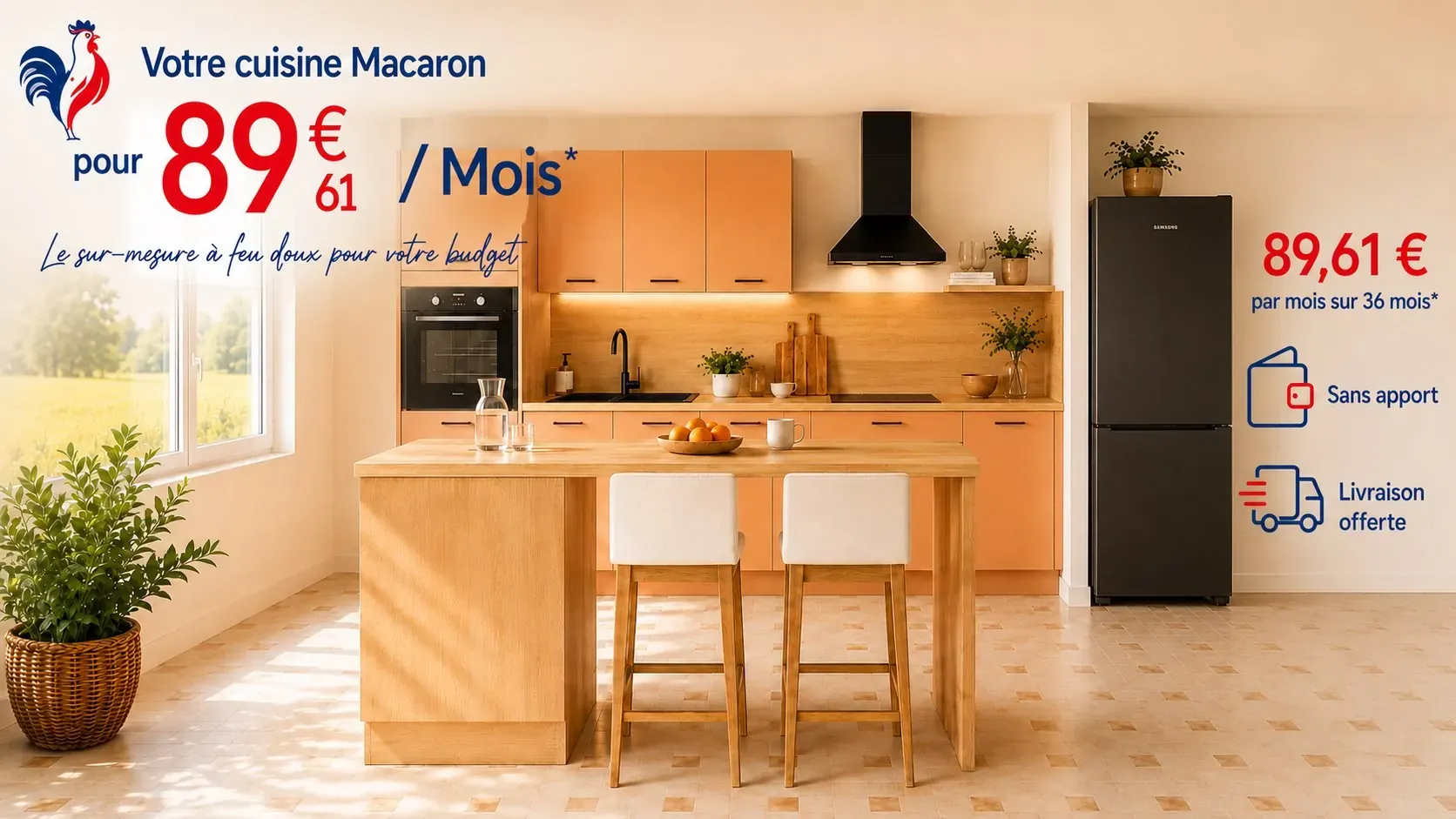 Cuisine Macaron à 89,61 euros par mois pendant 36 mois, sans apport et livraison offerte