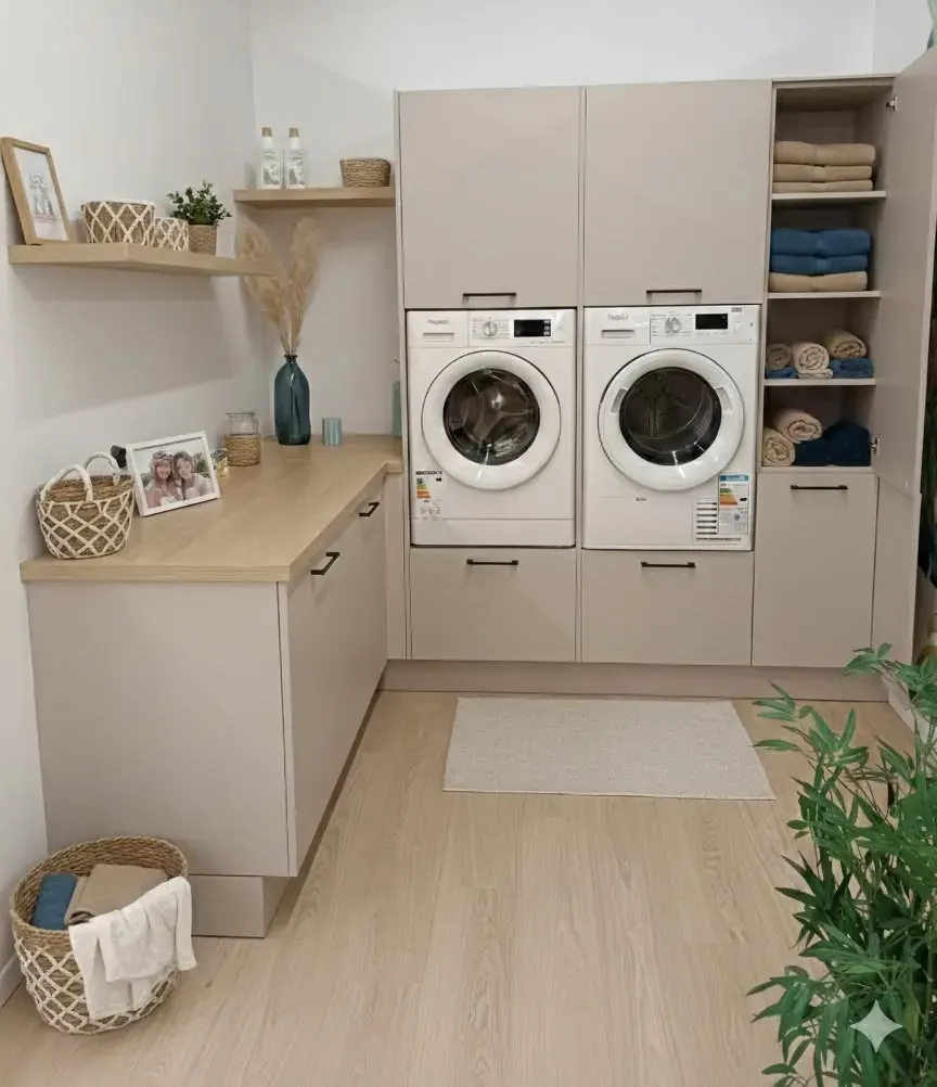Buanderie claire avec rangements, plan de travail et électroménager intégré