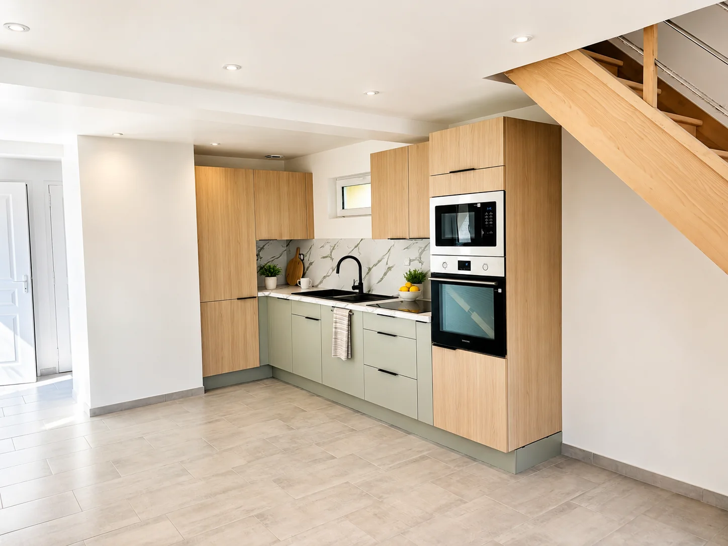 Cuisine client bois clair et façades vertes sous escalier