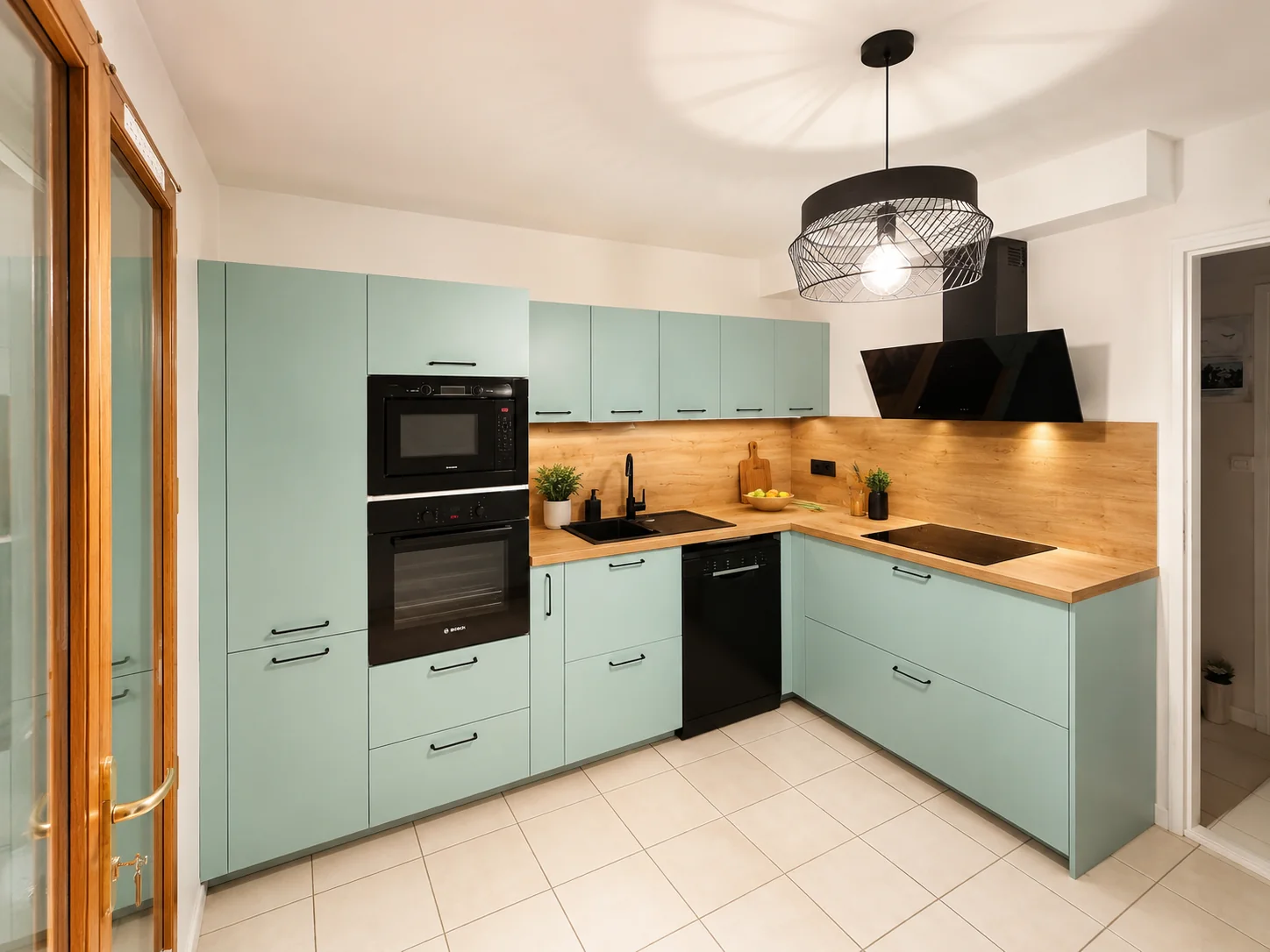 Réalisation client cuisine vert sauge, bois clair et électroménager noir
