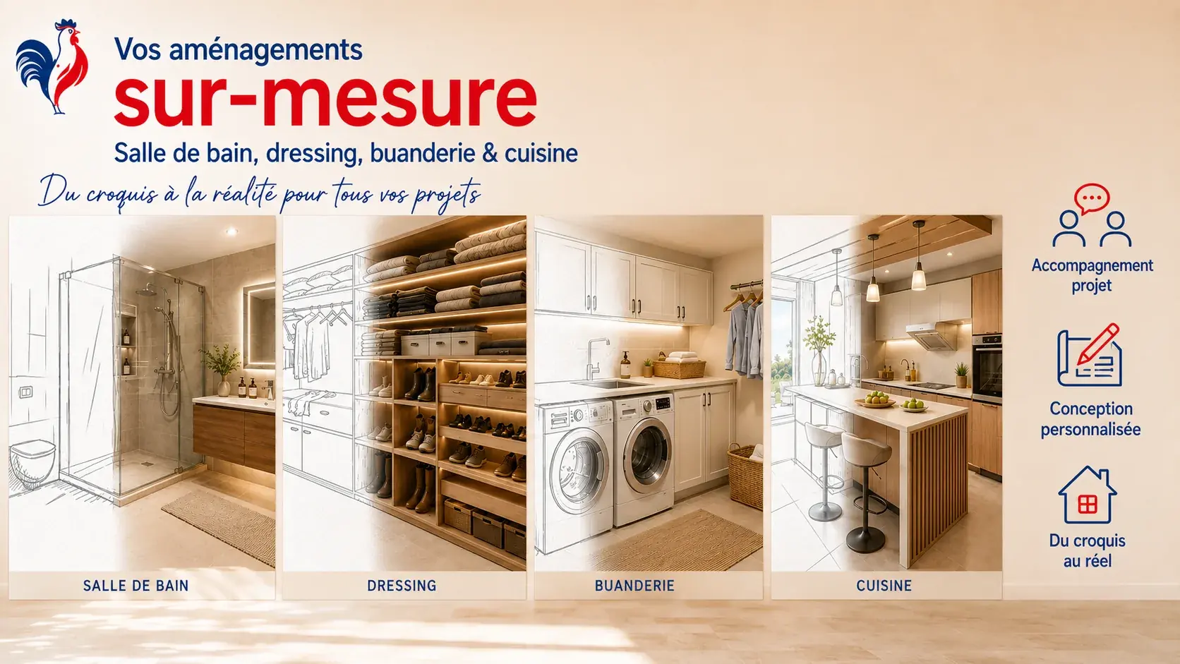 Vos aménagements sur-mesure : salle de bain, dressing, buanderie et cuisine